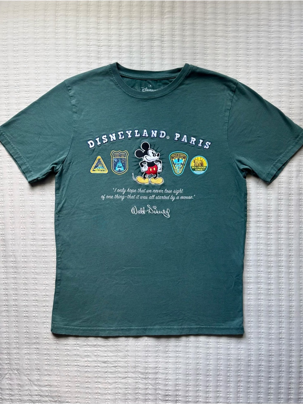 Disney Disneyland Paris Embroidered Mickey Park Badges Green Cotton Tee - M